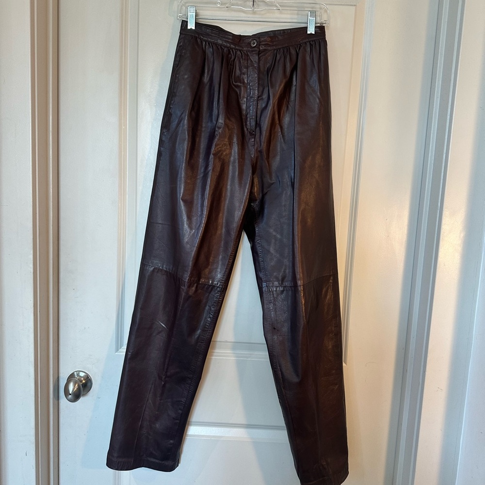 Vintage 90’s Cassidy Leather Chocolate Brown Pleated High Waisted Barrel Pants,S
